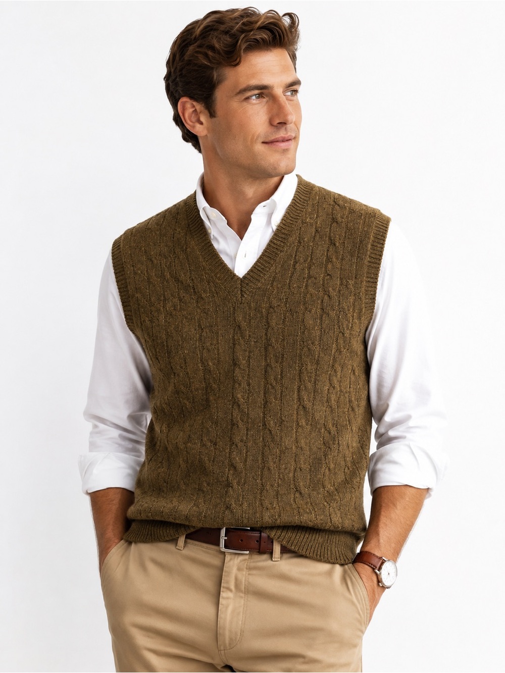 Bullock & Jones Italy 100% Lambswool Cable Knit Sweater Vest V-Neck Men’s L